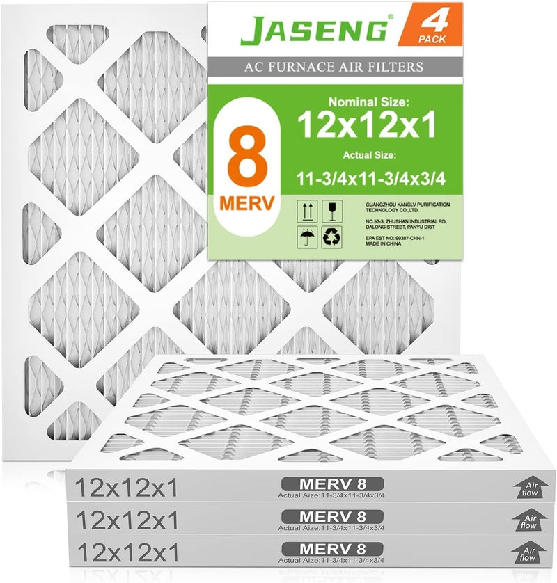 JASENG 12x12x1 AC Furnace Air Filters,(4-Pack) MERV 8 Dust Defense, MPR 600 Pleated HVAC Replacement Air Filter (exact dimensions: 11 3/4"x11 3/4"x3/4") - Image 1